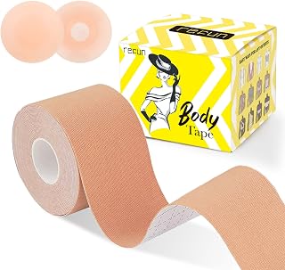REFUN Boob Tape, Boobtape Bob Tape for Large Breasts Fashion Booby Tape Body Boobie Strapless Breast Lift Tape Push up Adhesive Bra Chest Supports Tape with Nipple Covers for Clothes, Dresses Beige