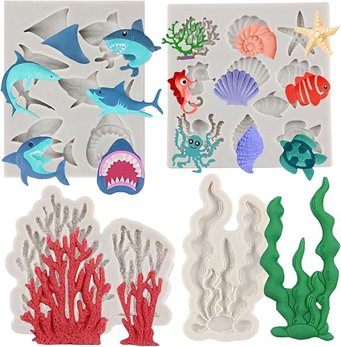 MINFEIDMS Molde de fondant con temática marina, moldes de silicona de coral, conchas de tiburón oceánico, estrella de mar, pulpo, tortuga, caramelo