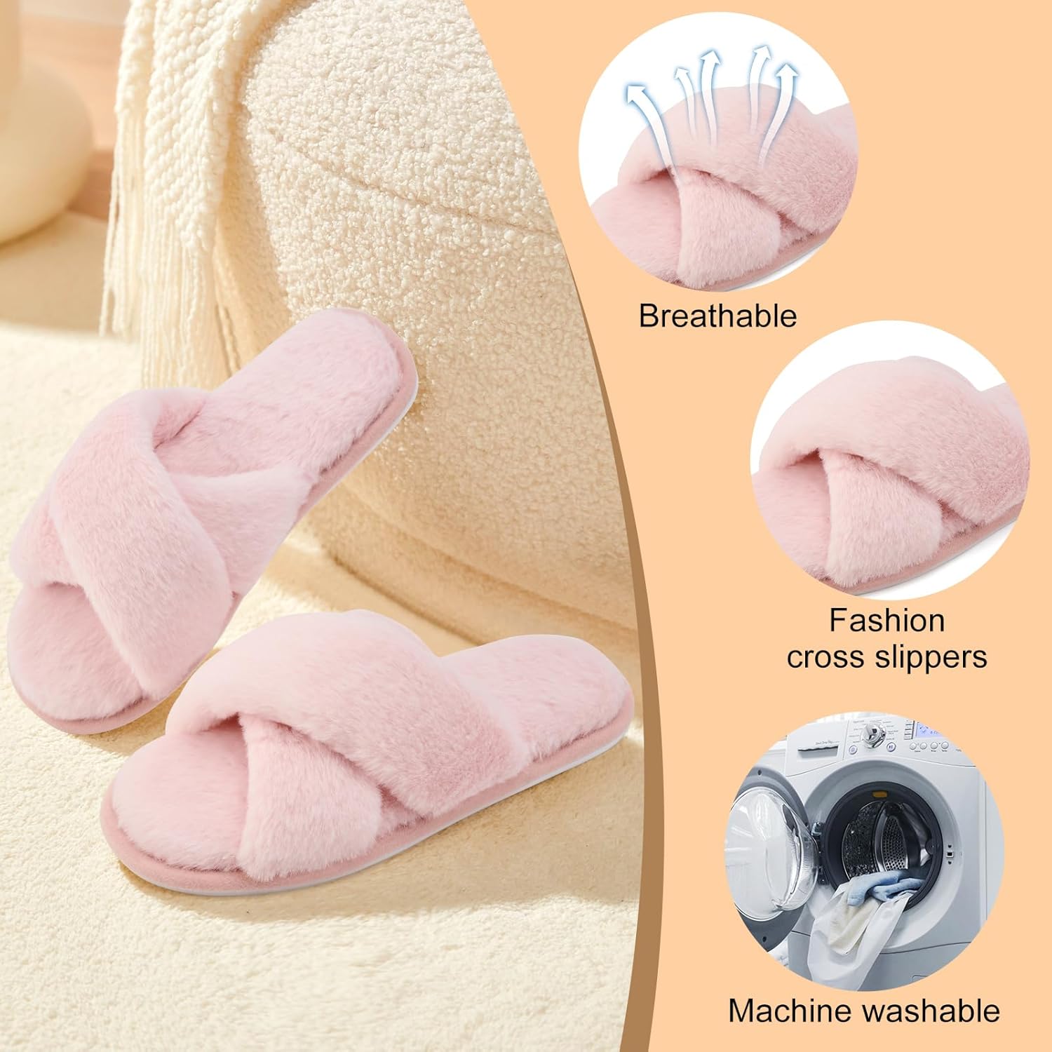 ANLUKE Women's Fuzzy Slippers Cross Band Memory Foam House Slippers for Women Cozy Indoor Outdoor Open Toe - Image 3