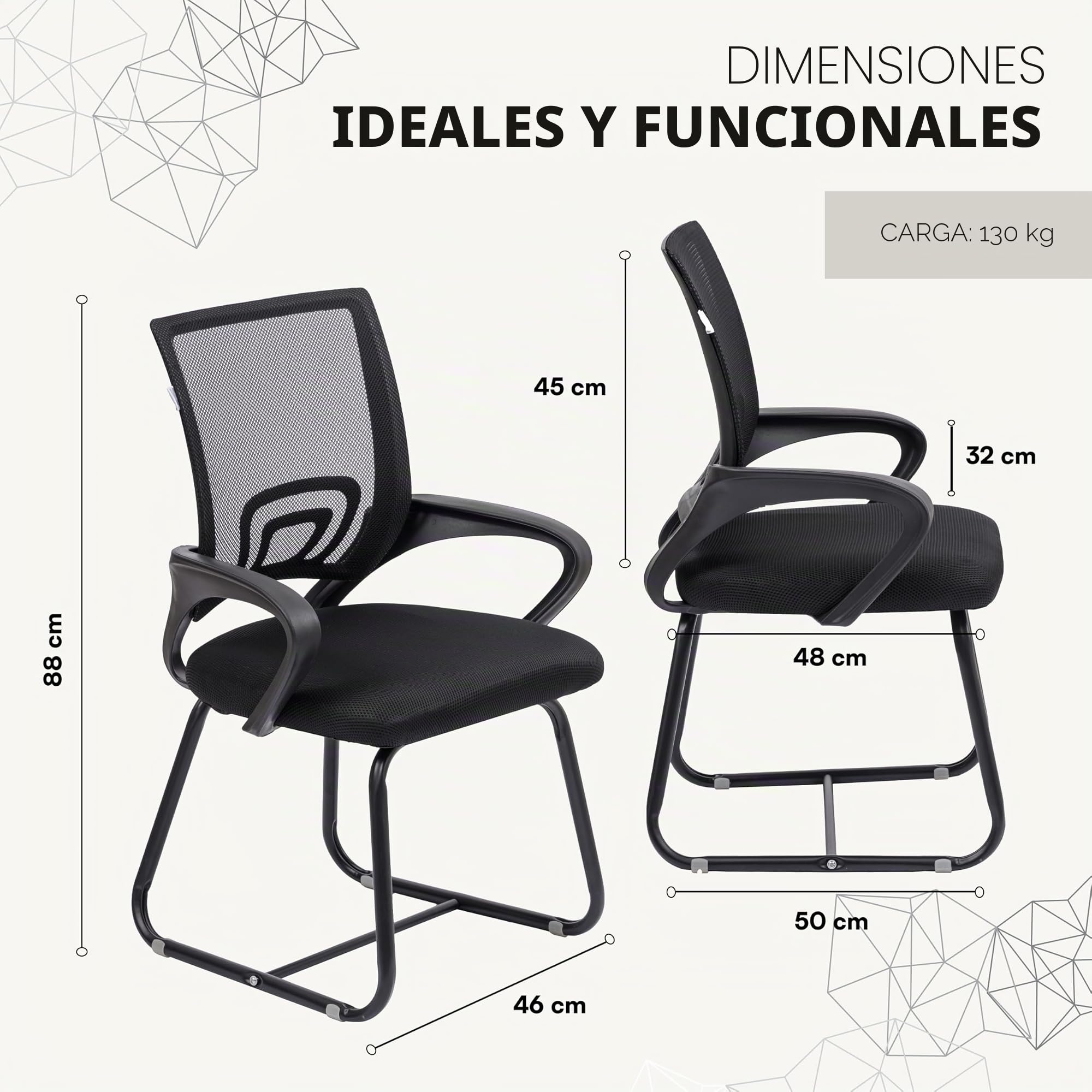 Baroni Home Silla de oficina con reposabrazos con respaldo ergonómico de tela transpirable, silla en voladizo para salas de espera y conferencias, carga 130 kg, negra con patas negras, 46 x 50 x 88 cm