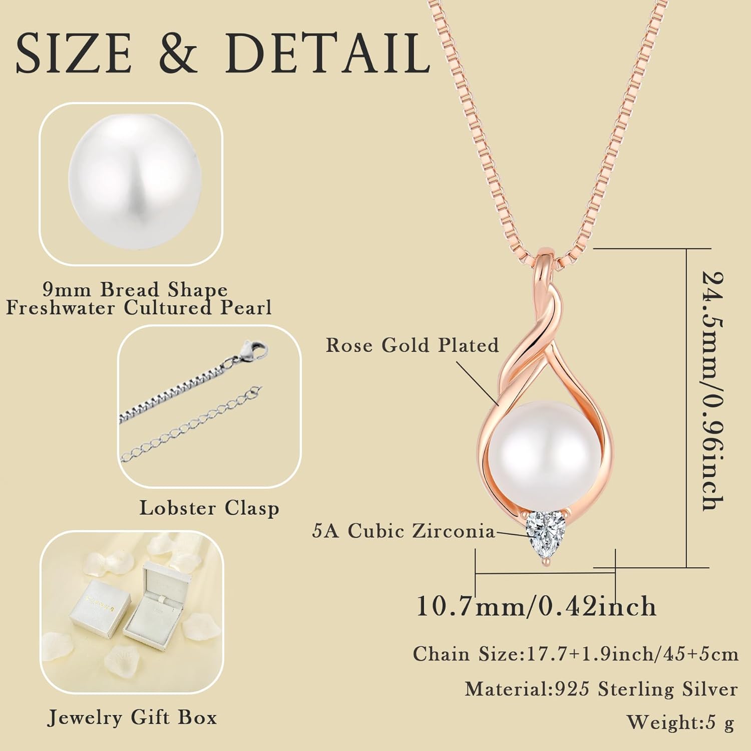 925 Sterling Silver Freshwater Cultured Pearl Pendant Necklace for Women White/Yellow/Rose Gold Plated infinity Cubic Zirconia Single Pearl Necklace - Image 6