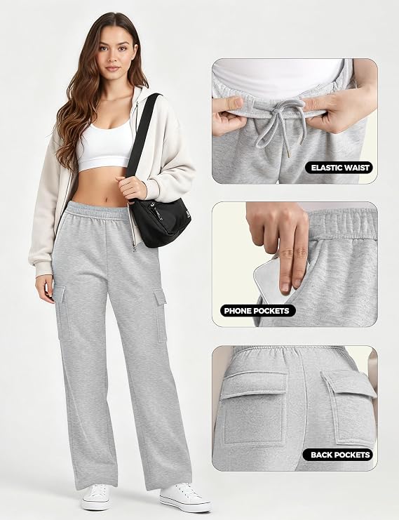 Cargo Sweatpants for Women Fleece Jogger Pants Casual Baggy Trousers Athletic Long with Pockets Trendy