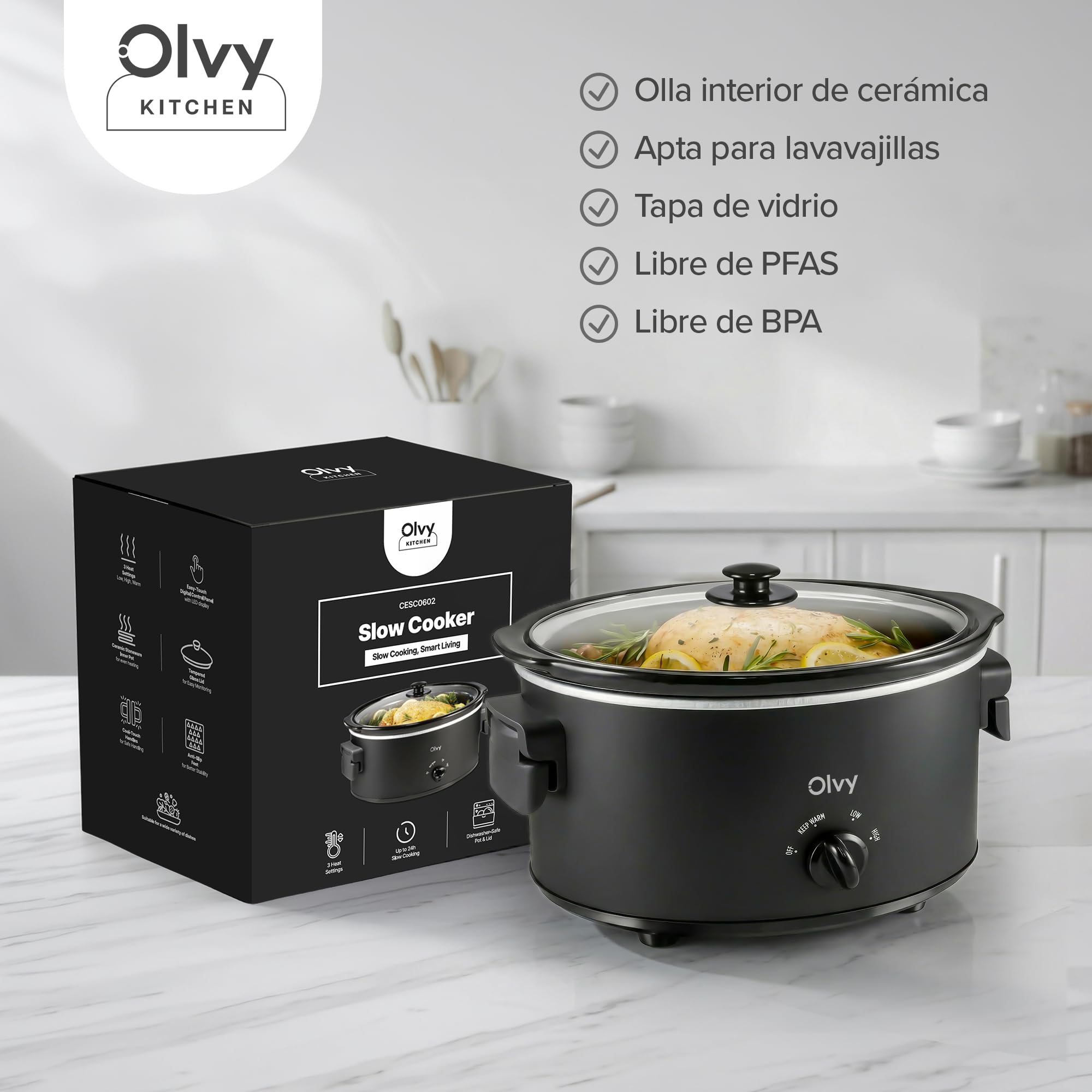 Olvy Olla de cocción lenta 6L con olla interior de cerámica, 3 niveles de temperatura, asas plegables