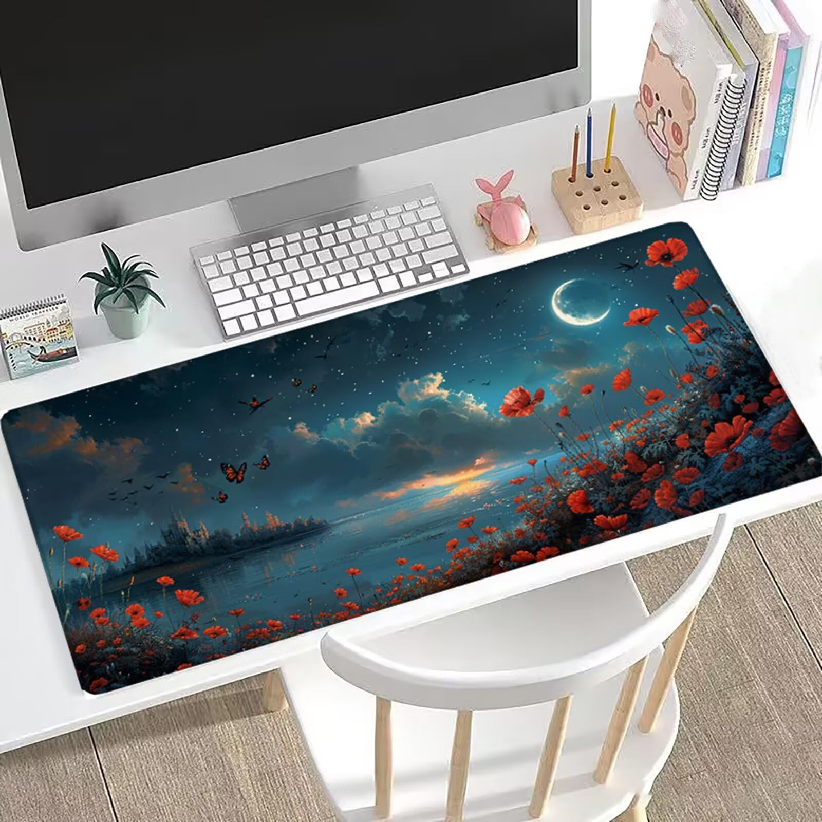 XXL Tappetino Mouse 1500x800 mm Gaming Papavero Sottomano Scrivania Ufficio, Farfalla Mousepad Antiscivolo con Base Stabile, Tappeto per Mouse e Tastiera, Accessori Scrivania Gaming, Lavoro H0-1089