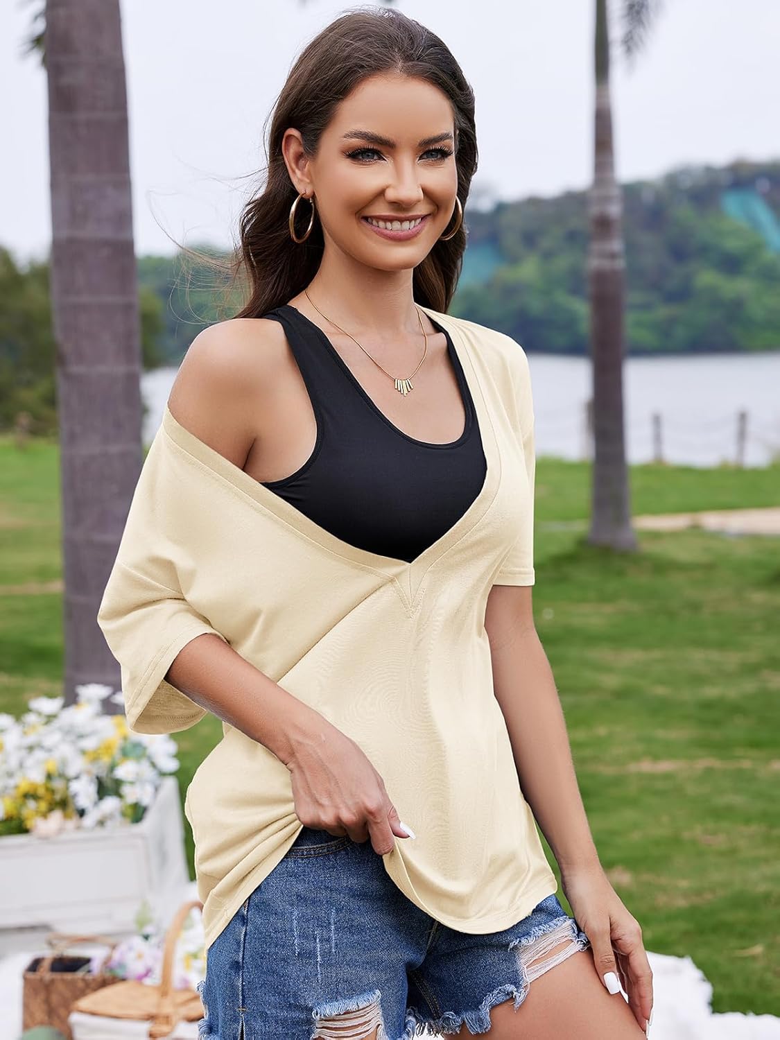 UNCLECAT Womens Deep V-Neck T Shirts Sexy Short Sleeve Tops Summer Oversized Tee - Image 3