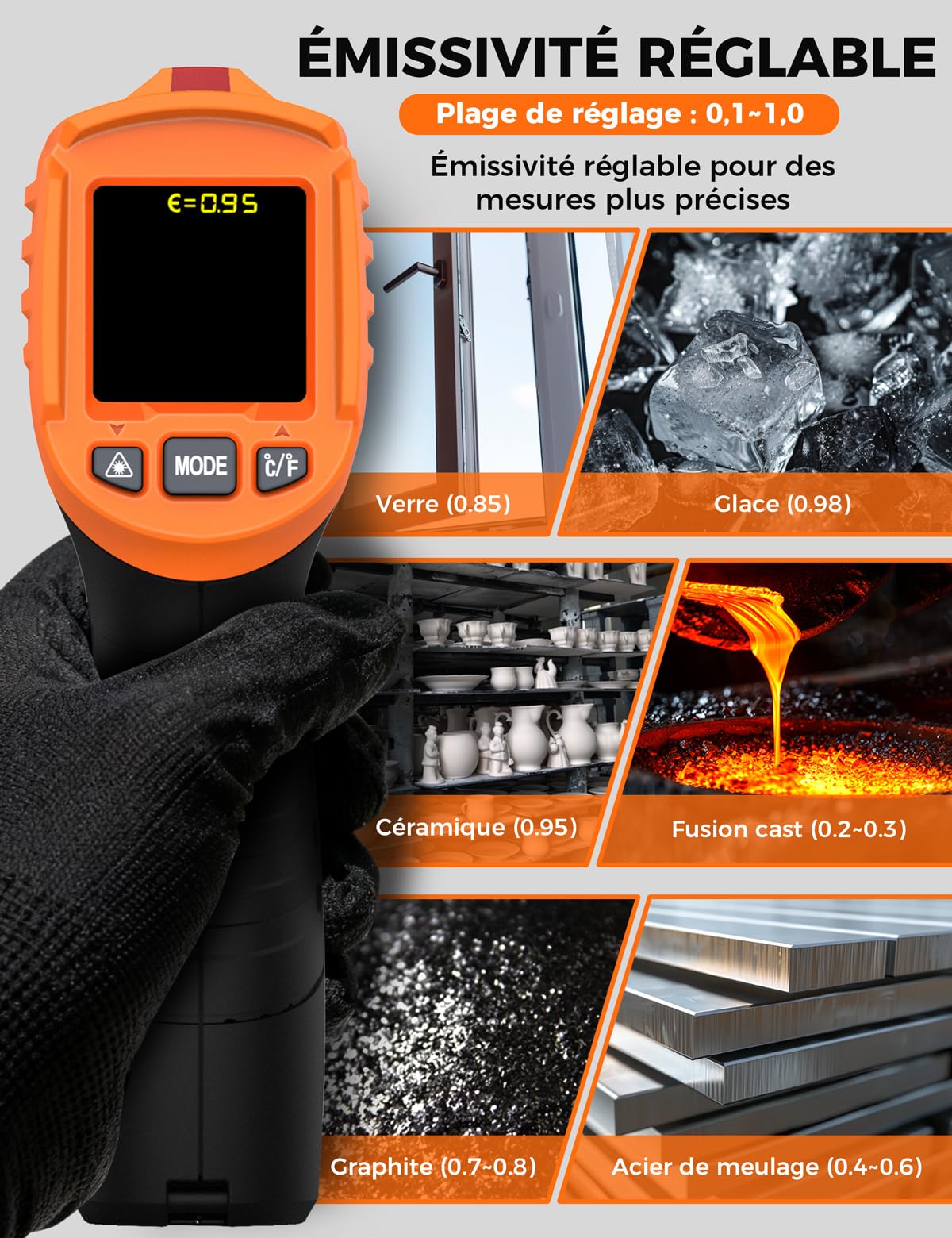 4 en 1 Thermomètre infrarouge professionnel POROMETISTO, 4 réglages d'alarme de qualité industrielle, -50 °C à 800 °C pyromètre laser thermometre infrarouge numérique avec sonde K et écran LCD couleur