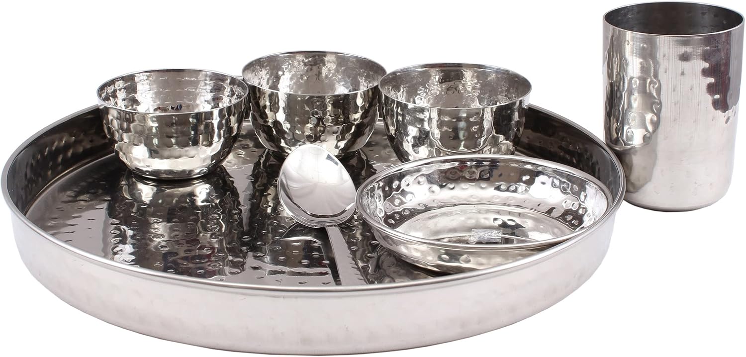 Indian Art Villa Stainless Steel Dinner Set/Thali Set of 1 Plate, 1 Small Plate, 3 Bowls, 1 Glass & 1 Spoon (7 Pieces), Dinnerware, Tableware Or Crockery