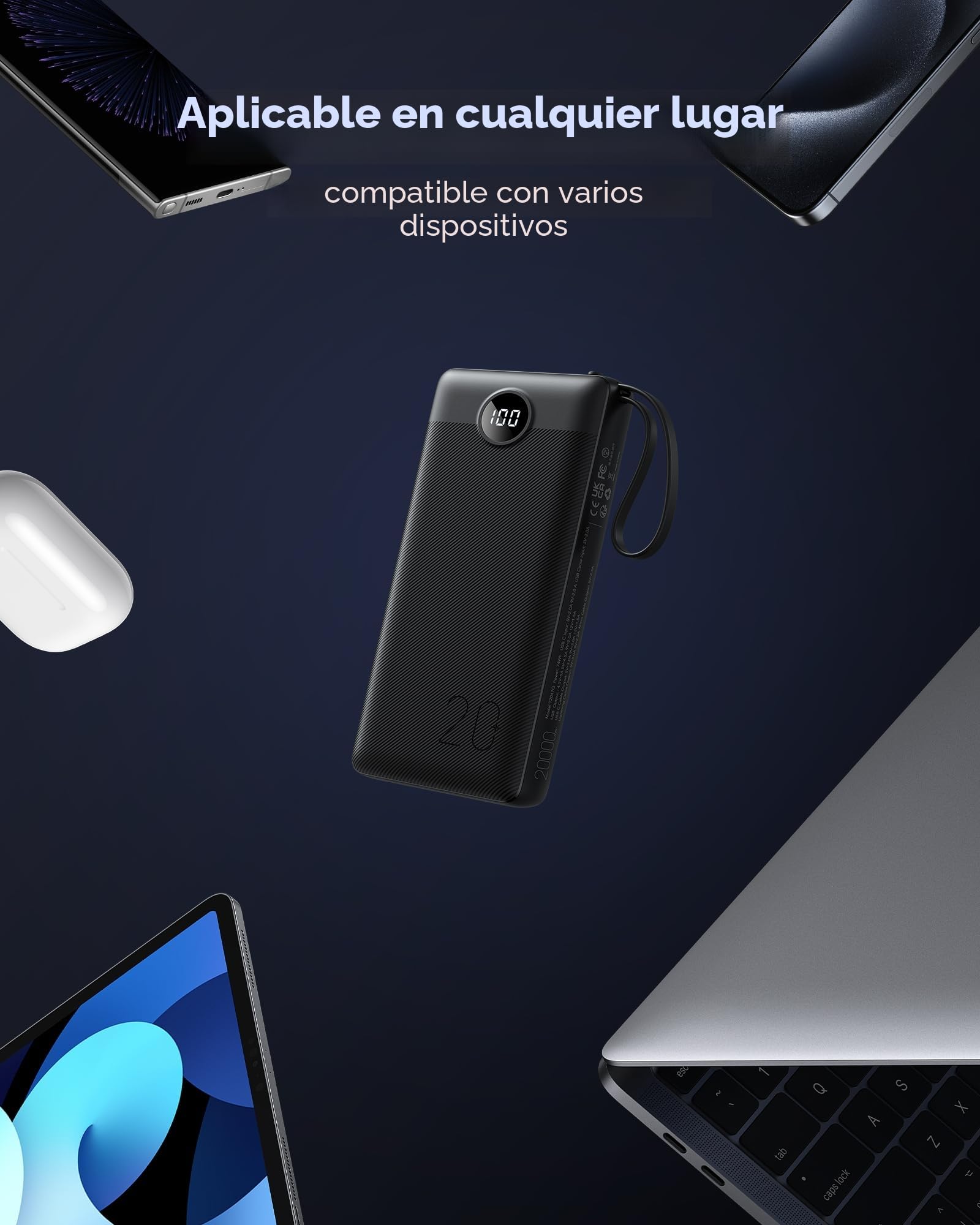 VRURC Power Bank, 22,5W Bateria Externa Carga Rapida 20000mah con 4 Cables Integrado, USB C In/out Powerbank, Cargador Portatil Fast Chagring Compatible con iPhone 17/16 Pro MAX/iPad/Xiaomi (1 Pack)