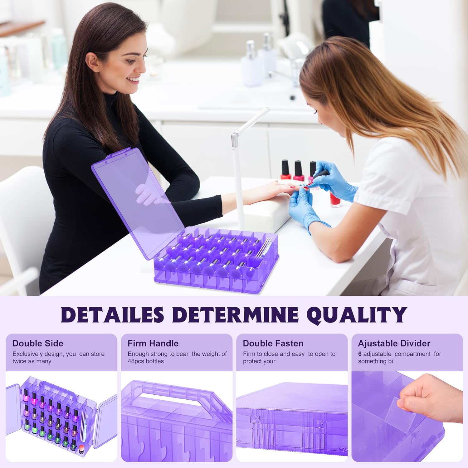 SUBAY Portable Nail Polish Organizer, Clear Double Side Nail Polish Holder,Gel Nail Storage for 48 Bottles with 6 Adjustable Dividers in Each Side Space Saver, Purple