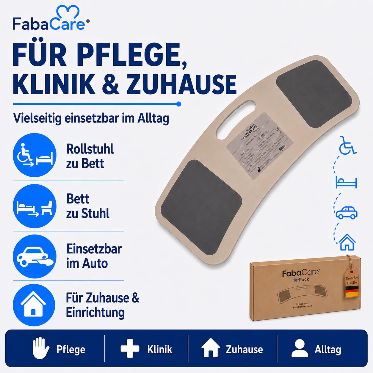 FabaCare Rutschbrett für Rollstuhlfahrer EasyTransfer wave, Rollstuhlbrett, Transferbrett, Umsetzbrett gebogen mit Griff, Transferhife vom Rollstuhl, Auto und Bett, bis 130 kg, Länge 67 cm