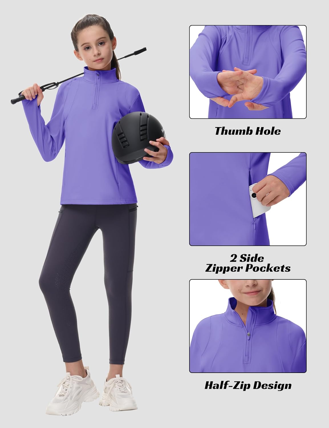 MoFiz Girls Long Sleeve Equestrian Riding Shirt Soft Thermal Half Zip Fleece Lined Jacket for Winter Horseback Riding Kids - Image 6