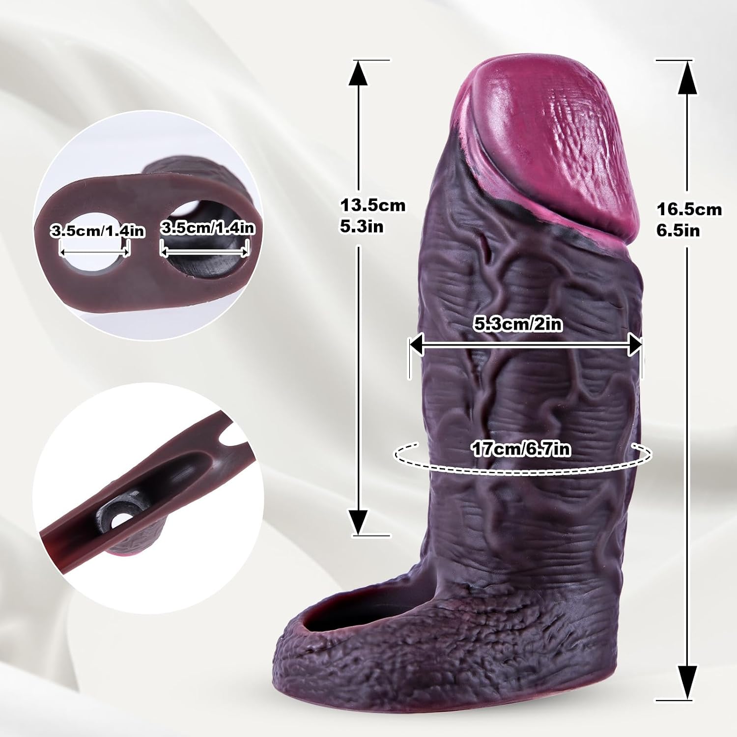 2 Inch Diameter Wide Realistic Black Penis Sleeve, Male Extender, Extra Thick Reusable 6.5-Inch Silicone Penis Sheath with Cock Ring, Enlarger，Extender, Delay Ejaculation, Couples Adult Toy