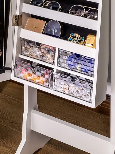 Miniatura 6 de LUXFURNI Armario de joyería con luz LED espejo de pie organizador de almacenamiento grande con cerradura con cajones blanco