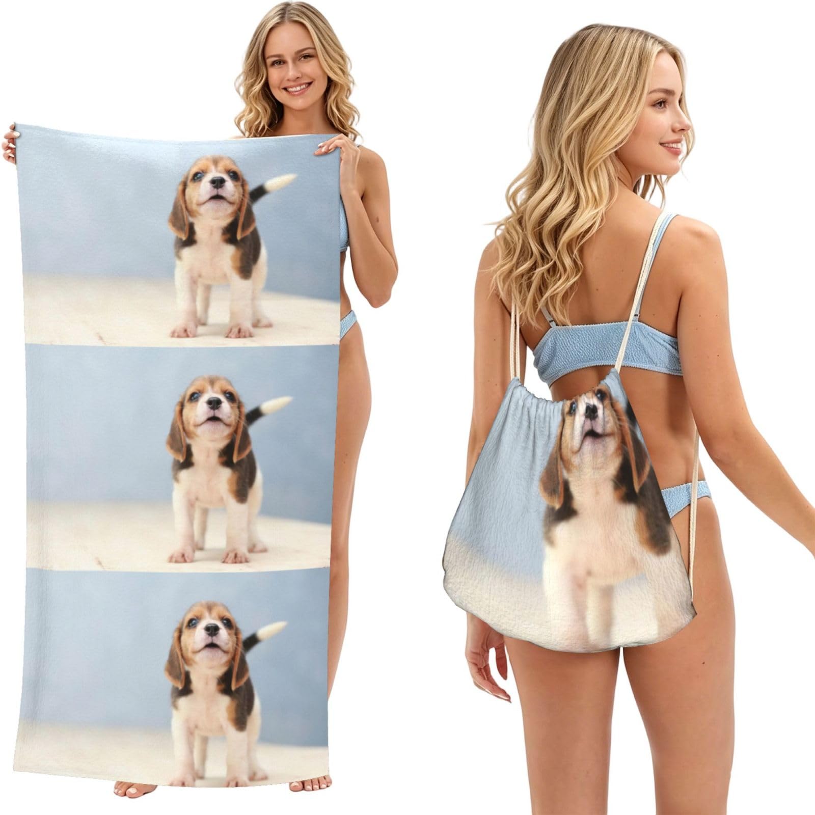 Poadnly As Picture Beagle Puppy, 2 In 1 Packable Towel Bag, Beach Towels With Drawstring Backpack For Travel Holiday Camping