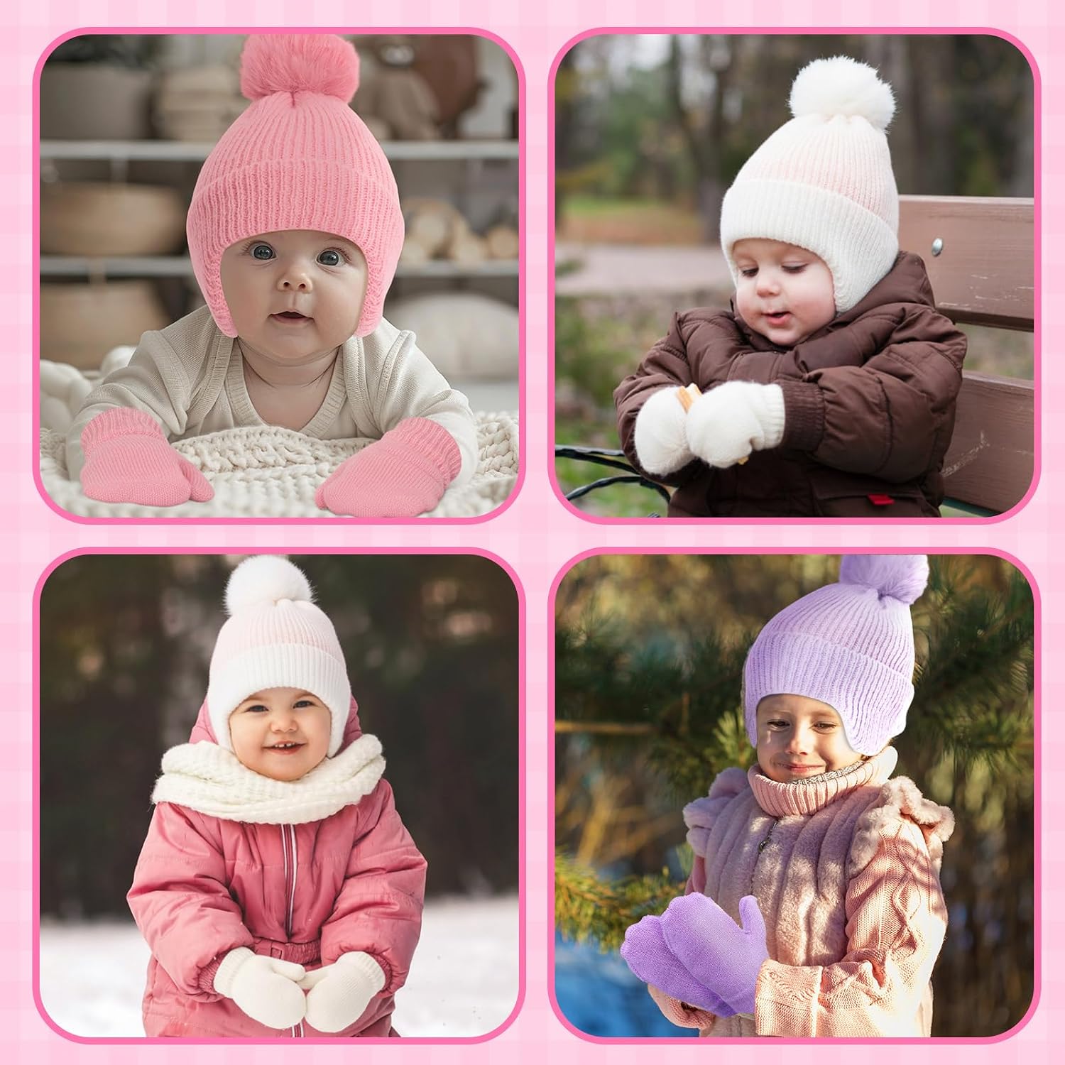 Chicingyou 3 Set Winter Knit Beanies Gloves for Boys Girls Warm Hat with Soft Pom for 6-24 Months Baby Toddler Children