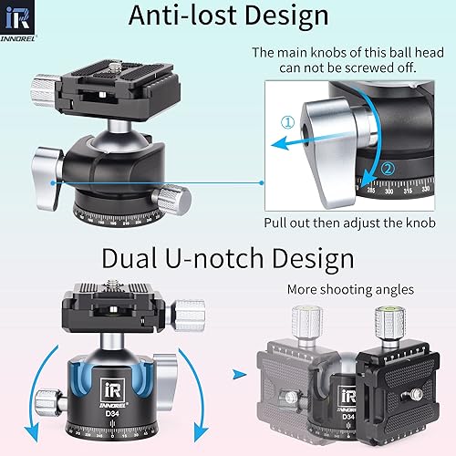 Miniatura 6 de INNOREL D34 - Trípode de perfil bajo de 1.339 in, cabeza esférica profesional para cámara panorámica CNC, cabeza de trípode para monopie, cámaras