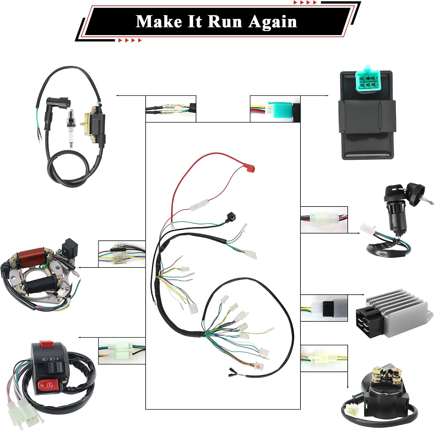 110cc Full Wiring Harness Kit with 2-Pole Magneto Stator Half-Wave Regulator A7TC Spark Plug for 50cc 70cc 90cc 110cc 125cc Mini Kids ATV Quad Buggy Go Kart 4 Wheeler with 4-Stroke Engine