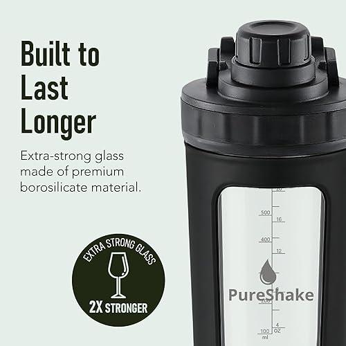 Miniatura 3 de Botella agitadora de vidrio para proteínas, inodora, sin BPA, a prueba de fugas, 20 onzas, ideal para fitness, batido y licuados de leche