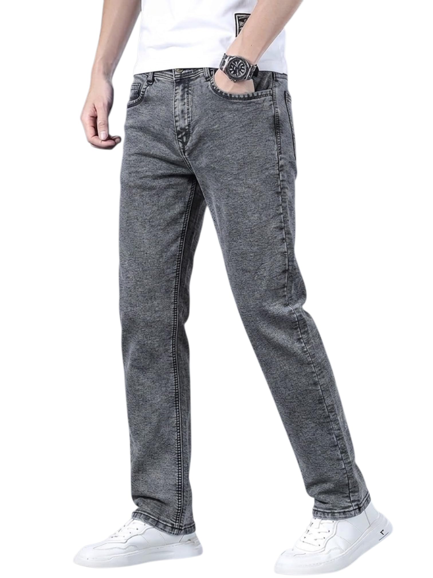Men's Luxury Graphite Grey Acid-Washed Straight Fit Premium Polycotton Denim Grey Jeans-picture-39