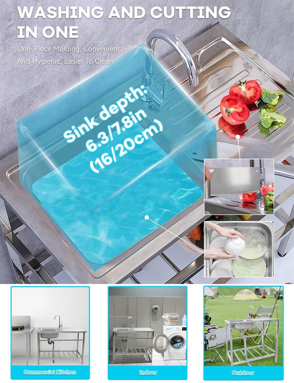 Fregadero Exterior Jardin Fregadero De Acero Inoxidable 304 Independiente con Grifos Kit De Desagüe Fregadero De Cocina Comercial 1 Seno Fregadero Simple Al Aire Libre con Soporte Fácil De Limpiar