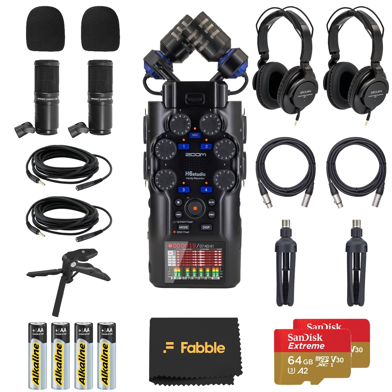 Zoom H6studio Handliches Recorder-Set mit 2 × ZDM-1 Podcast-Mikrofon-Packs, Kopfhörern, Tischständern, XLR-Kabeln, Windschutzscheiben, Speicherkarten, Batterien und Zubehör