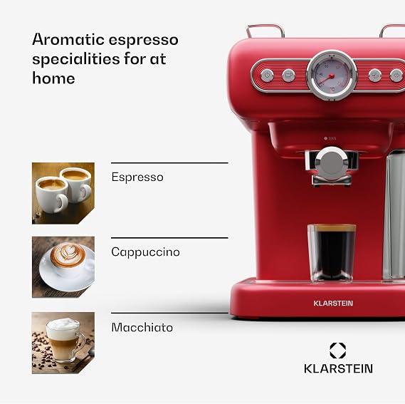 KLARSTEIN Espresso Portafilter Machine with Milk Frother, 1.2 L Retro Mini Espresso Machine with Portafilter, 950 Watt Coffee Small, Stainless Steel Coffee for Cappuccino, Latte & Macchiato