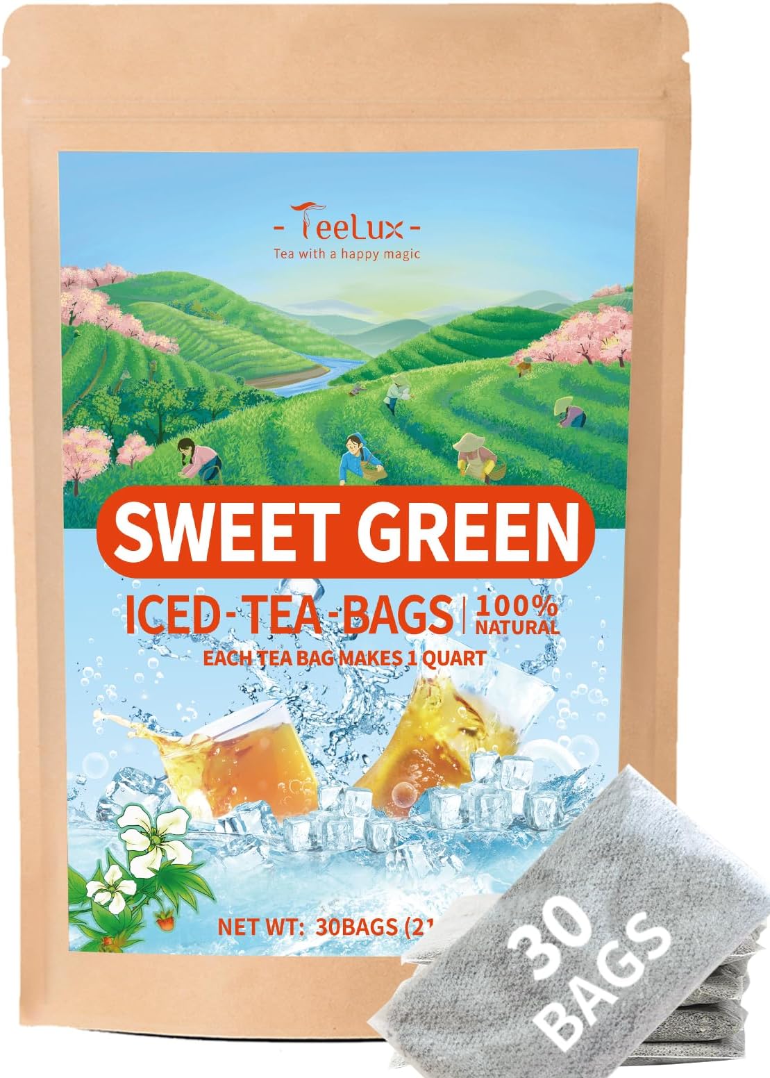 TeeLux Sweet Iced Tea Bags, Green Tea Blended with Natural Sweet Tea, Quart-Sized Refreshing Iced Green Tea, Zero Sugar, 30 Count
