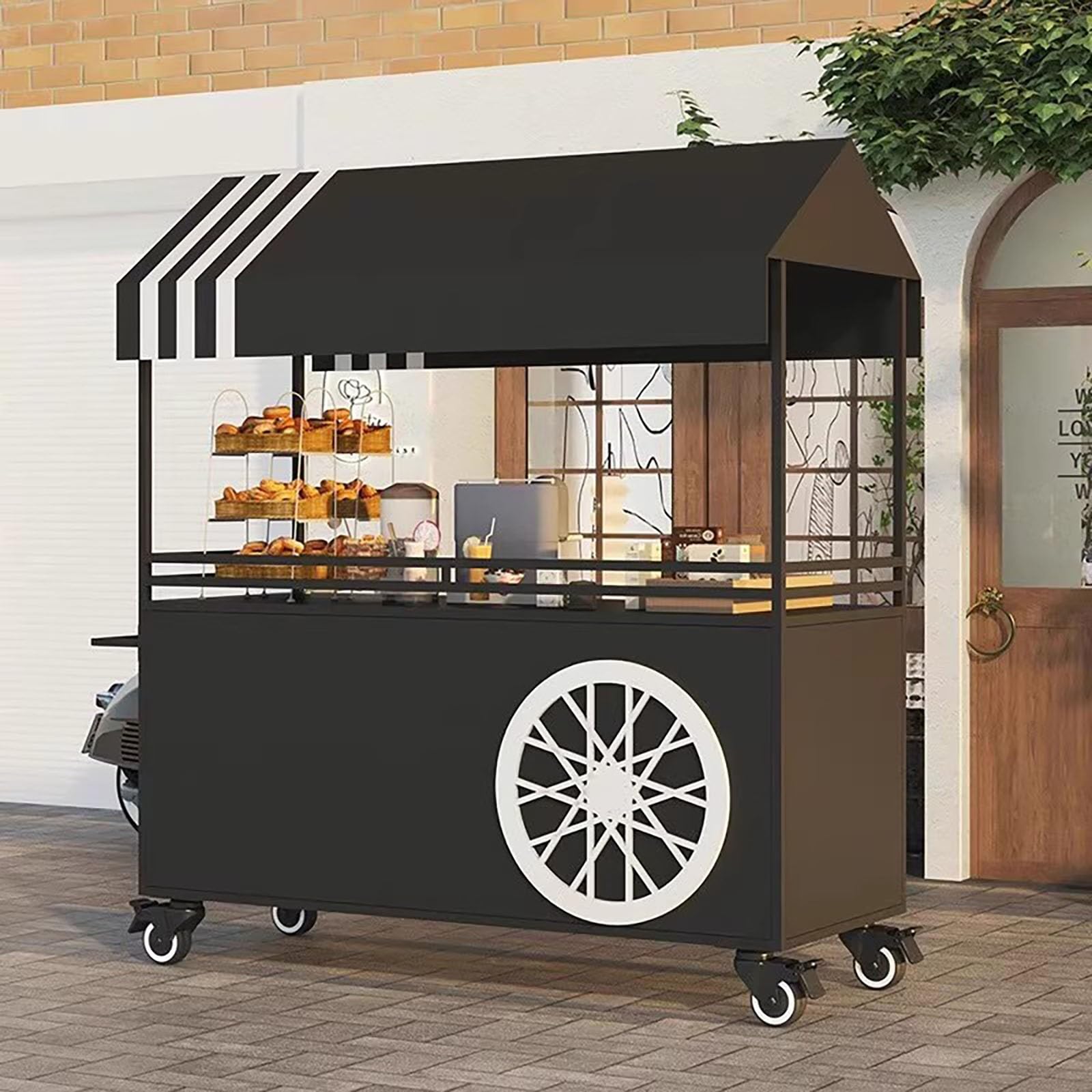 Móvil de Venta Ambulante de Comida,Genérico Puesto de Mercado con toldo,Exquisita construcción en Hierro Forjado, Gran Capacidad de Carga,para Tiendas minoristas en Calles.(Nero,120 * 60 * 190cm)