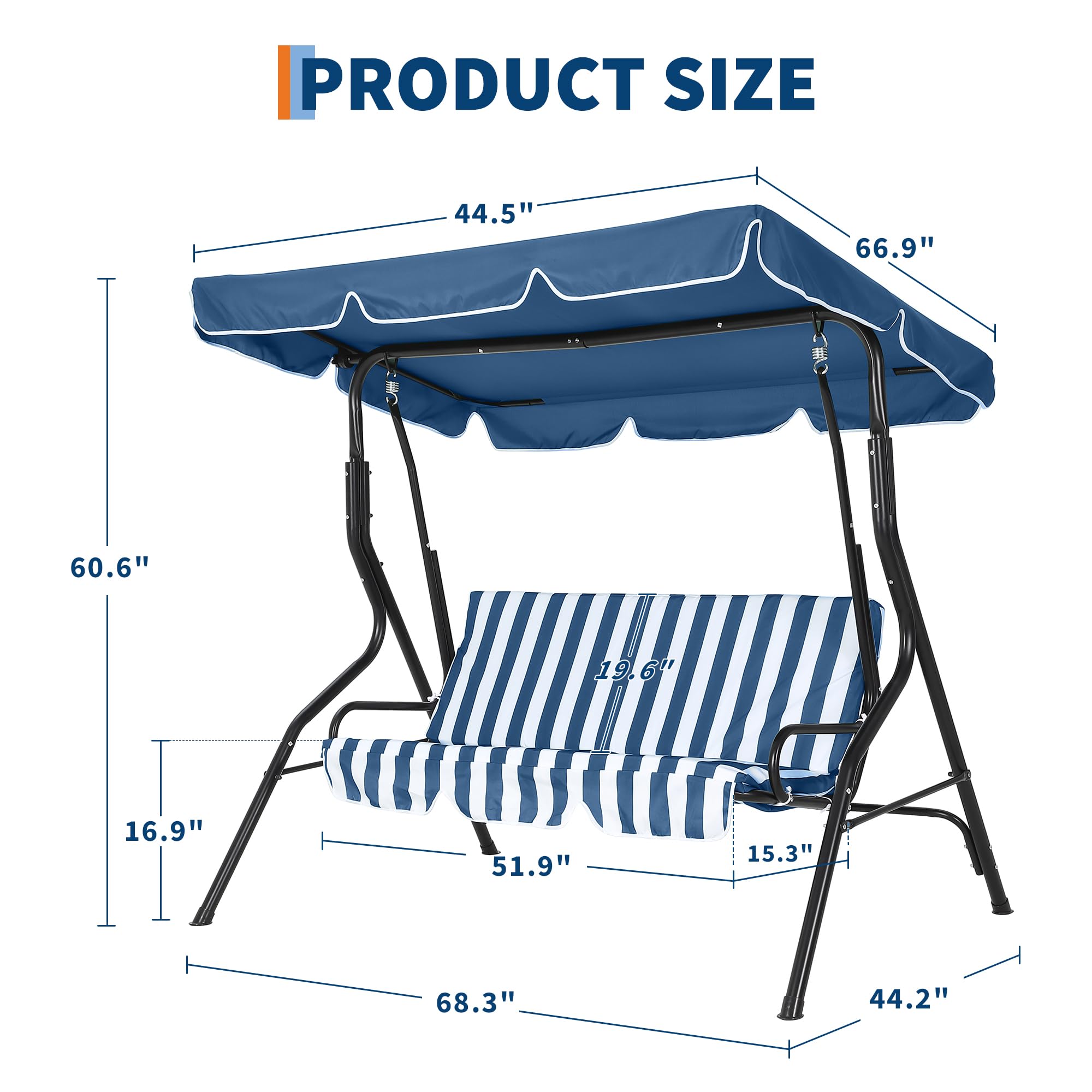 Balancelle de Jardin 3 Places avec auvent Inclinable,Balançoire de jardin 3 Personnes Extérieur avec Coussins et Dossier épais rembourrés,Cadre acier,pour Jardin,Terrasse,Piscine(Bleu)