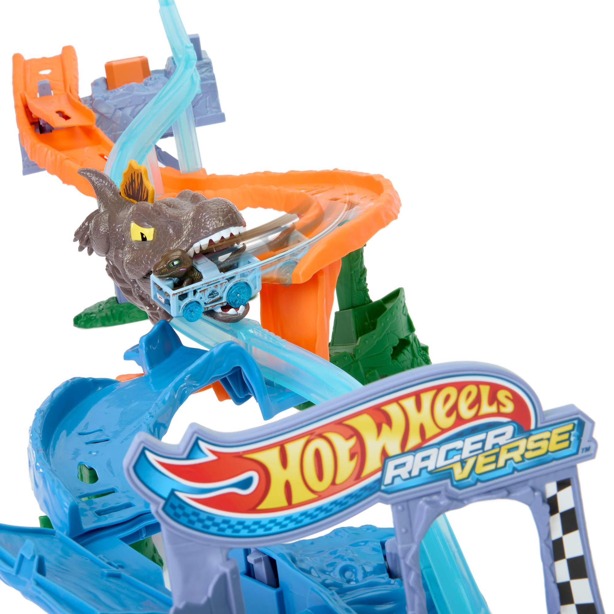 Hot Wheels RacerVerse Jurassic World Pista Scontri e Tuffi, playset con veicolo velociraptor die-cast, gara di dinosauri con spinosauro, JFP32