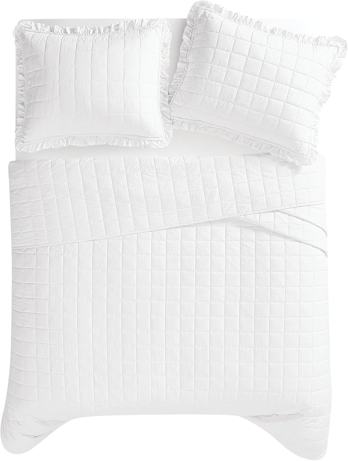 The Farmhouse by Rachel Ashwell Ruffled Washed Cotton Quilt Set White Cotton 3-Piece King Quilt Set, Modern Farmhouse Themed, for Men and Women, Oeko-TEX Certified Confidence