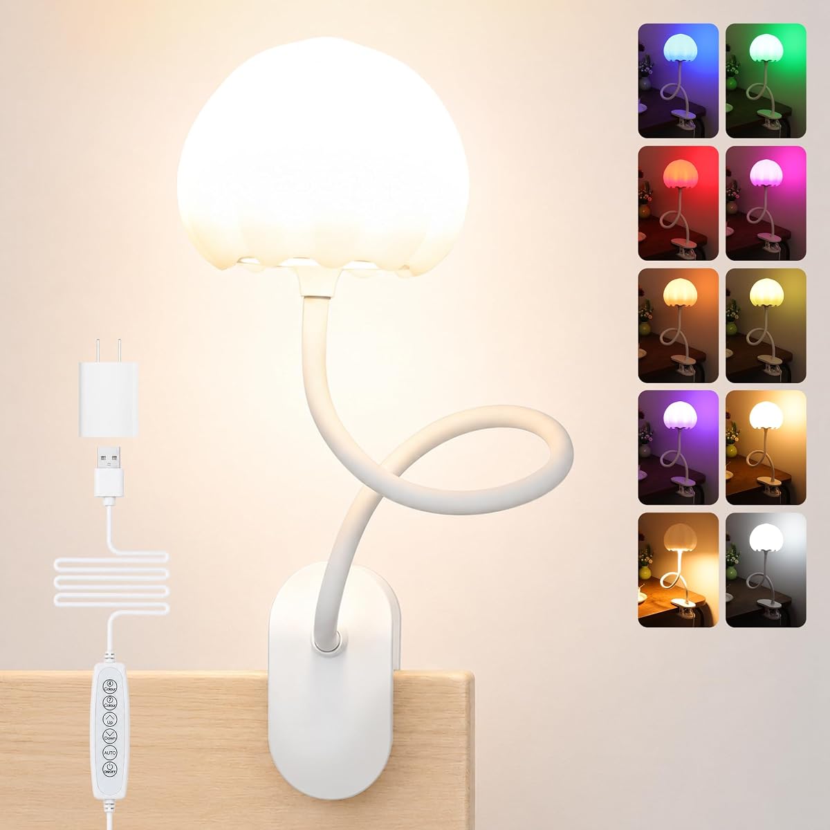 ShineTech Luz de lectura con clip para cama, luz de libro de 10 colores RGB para dormitorio