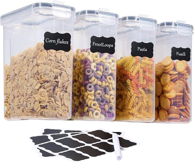 LUFEVRM Airtight Food Storage Containers with Lids,BPA Free Plastic Cereal Containers Storage 4 Pack 4L,Kitchen and Pantry Organization storage for Dry Food,Cereal,Flour,Sugar,Include 24 Labels