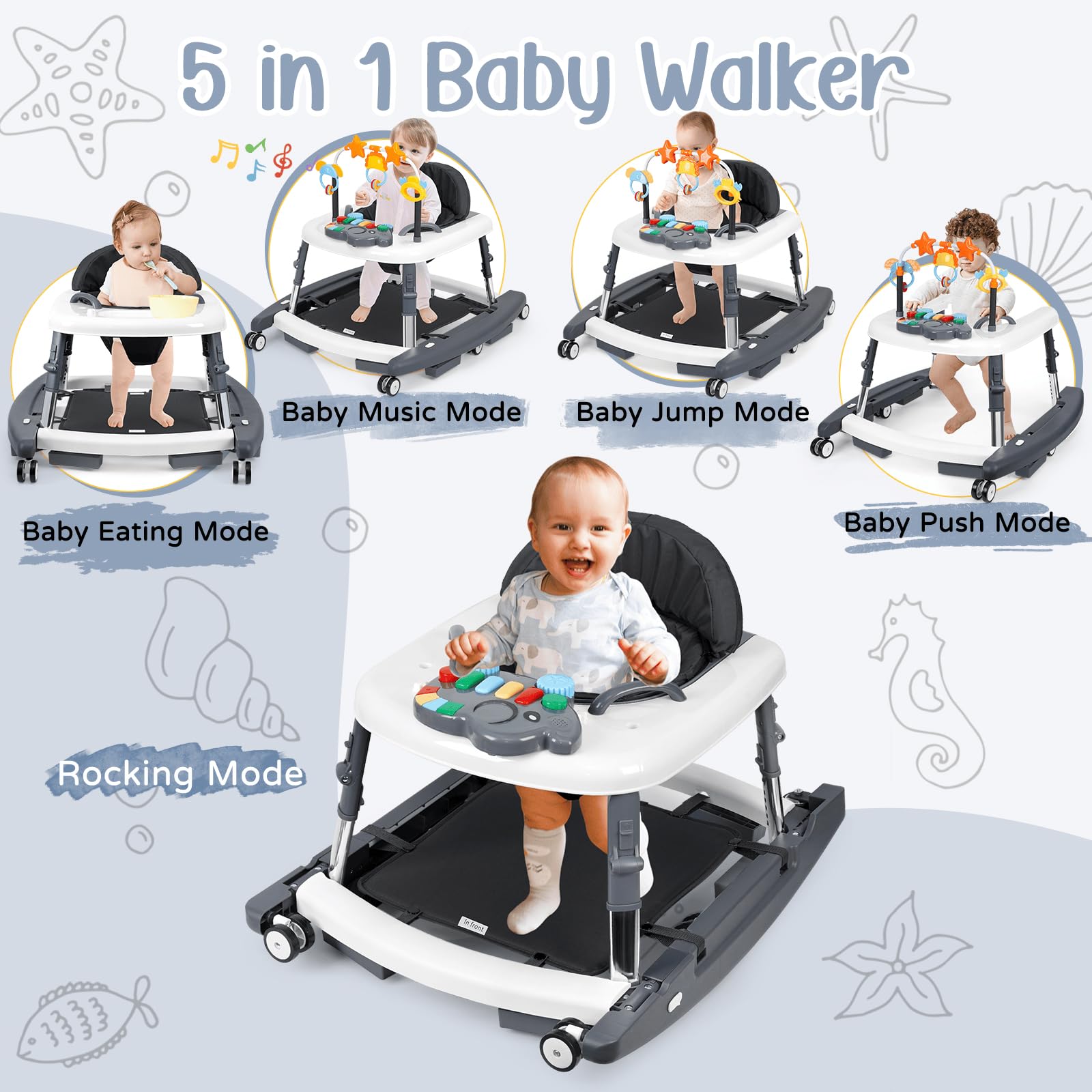 5 in 1 Baby Walker Foldable Music and Lights with 5 Adjustable Heights, Baby Walker with Wheels Portable, Infant Toddler Walker for Baby Boy Girls 6-18 Months (D-Grey) - 3