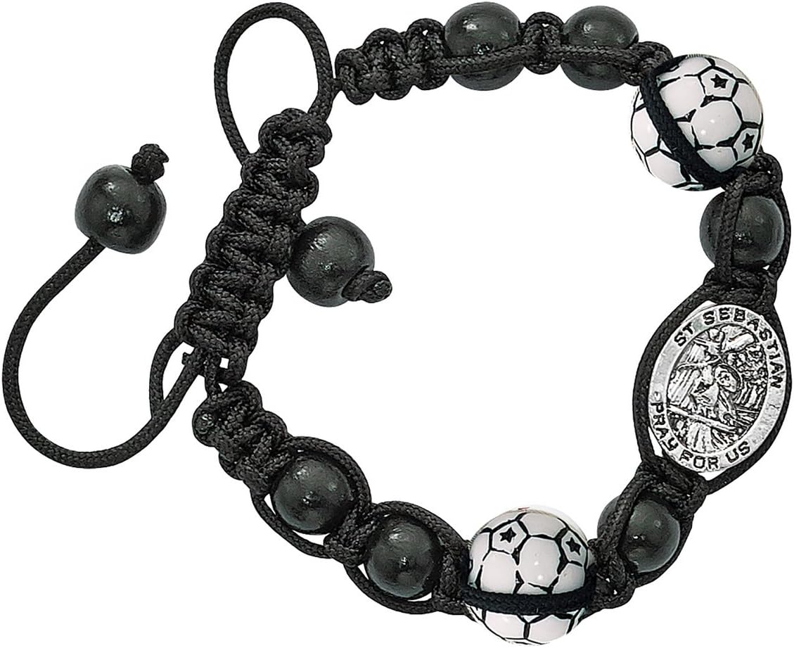 Religious Sports Soccer Bead Bracelet with Silver Toned Saint Sebastian Medal, 8 Inch