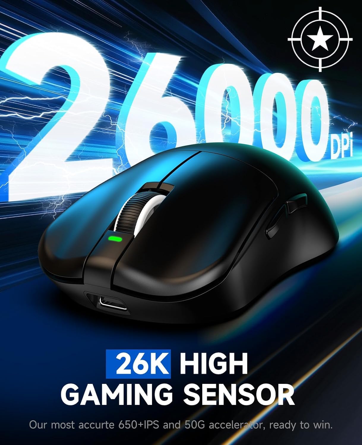 VGN Ratón inalámbrico para juegos F1, 26.000 DPI, alta precisión, 55 g, ligero, tasa de sondeo 4K, duración de la batería de 200 horas, 6 botones programables, carga USB-C, para PC/Mac/portátil, negro