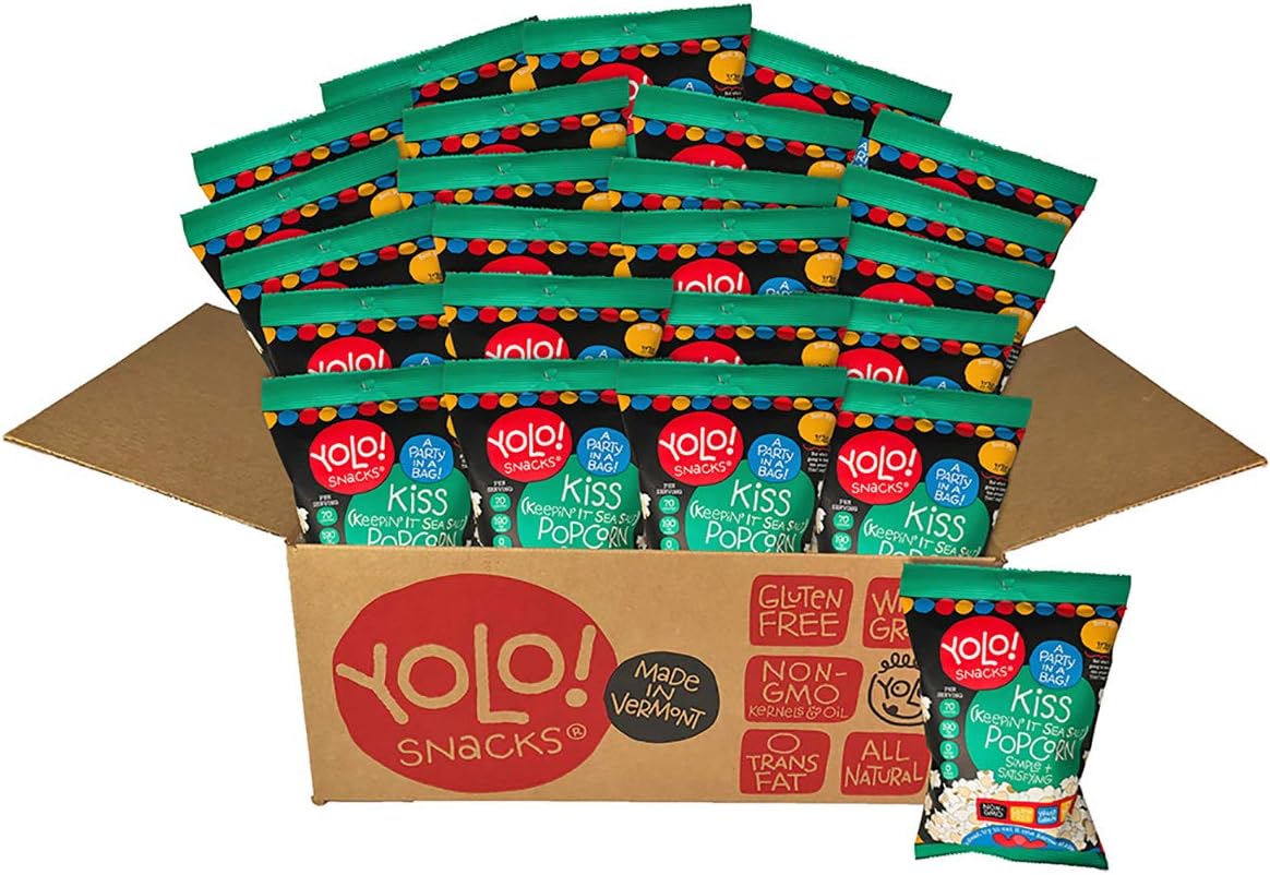 YOLO!Snacks – Gourmet Sea Salt Popcorn in Individual Bags - Popped - Virtually Hulless - 18 Grams - 24 Count Case