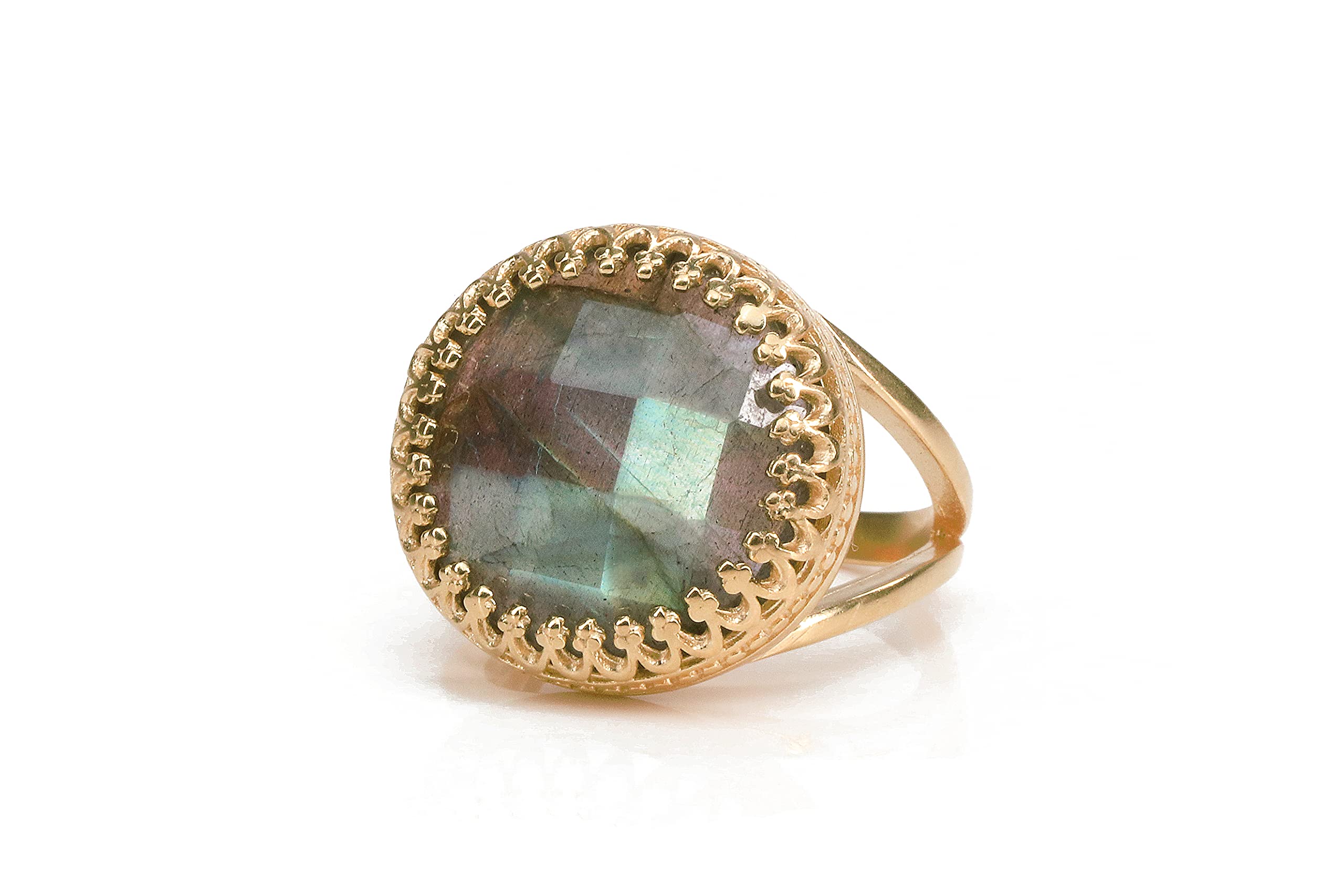 ANEMONE JEWELRYExquisite Labradorite Ring by Anemone Jewelry - Round Labradorite in 14K Rose Gold-filled Band - Colorful Statement Ring - Artisan-made - Cocktail Ring for All Occasions - with Fancy Box