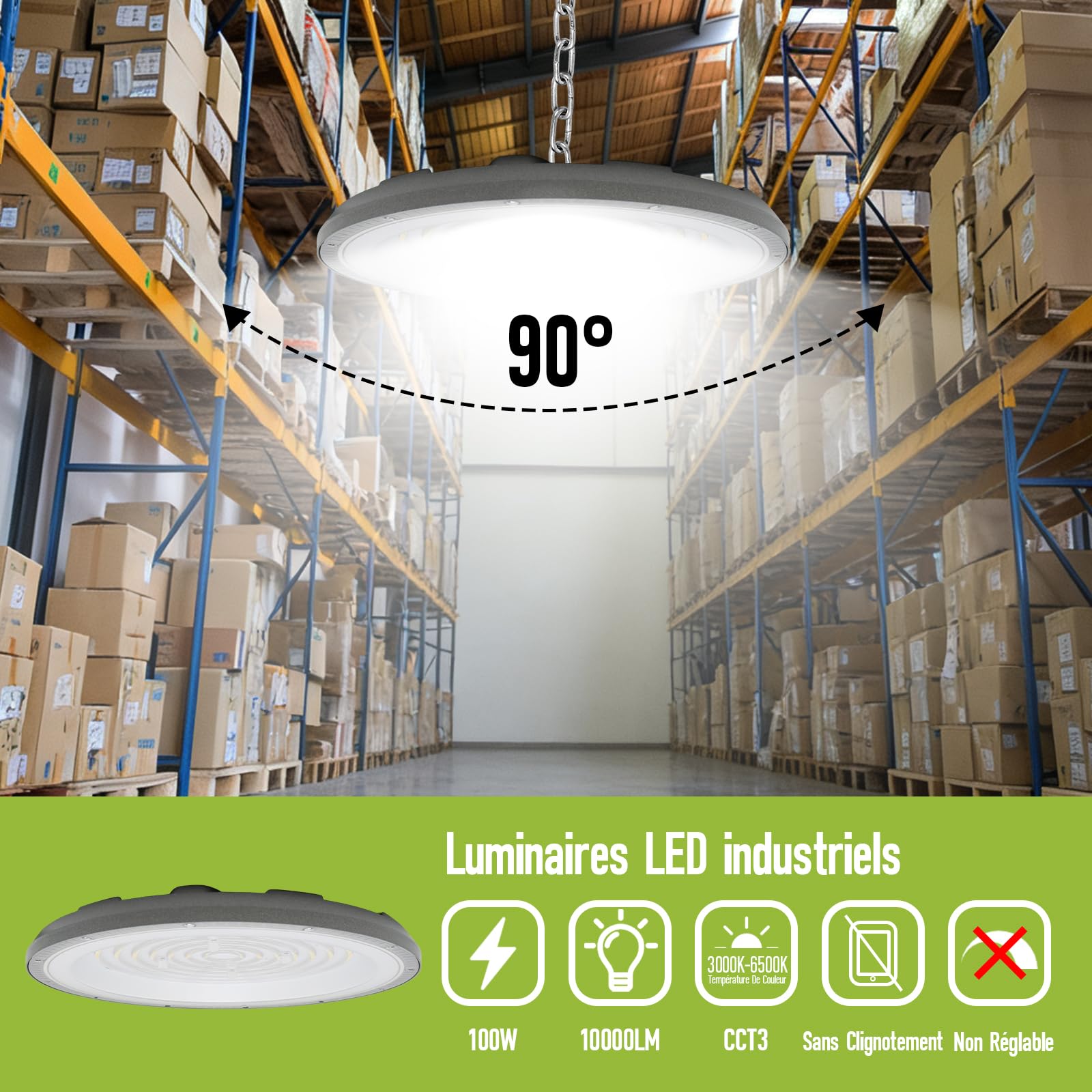 Maxled, Light is Led! LED High Bay 100W Spot LED pour Hall 10000LM Luminaire Étanche pour Hall 3CCT 3000K/4000K/6500K Lampe UFO IP65 Éclairage de Hall Angle de Rayonnement 90º Lampe Industrielle