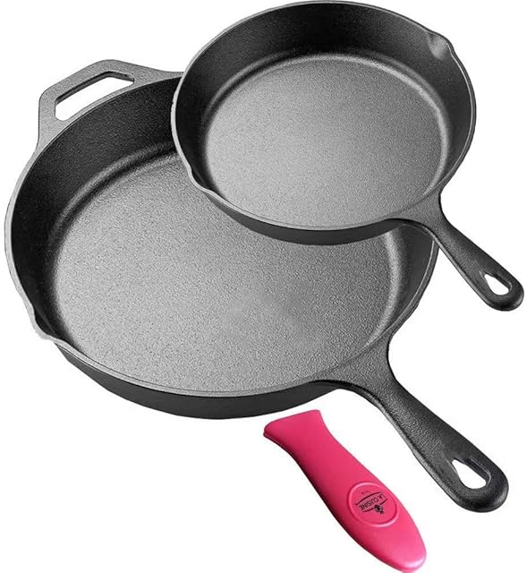 La Cuisine 2-PC Cast Iron Chef Pan Set Skillets (20cm and 30cm)  Matte-Black Enamel Coating. Thermal Insulated Silicone Handle Holders Included. Ideal for Both Indoor & Outdoor Use, Oven Safe