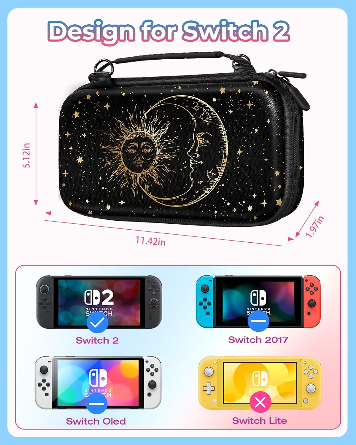 Gurgitat for Nintendo Switch 2 Carrying Case - Sun Moon Cute Cool Design with Handle and Strap for Switch 2 2025 Travel Cases Portable Storage Carry Protective Hard Shell for Boys Teens Girls - Image 3