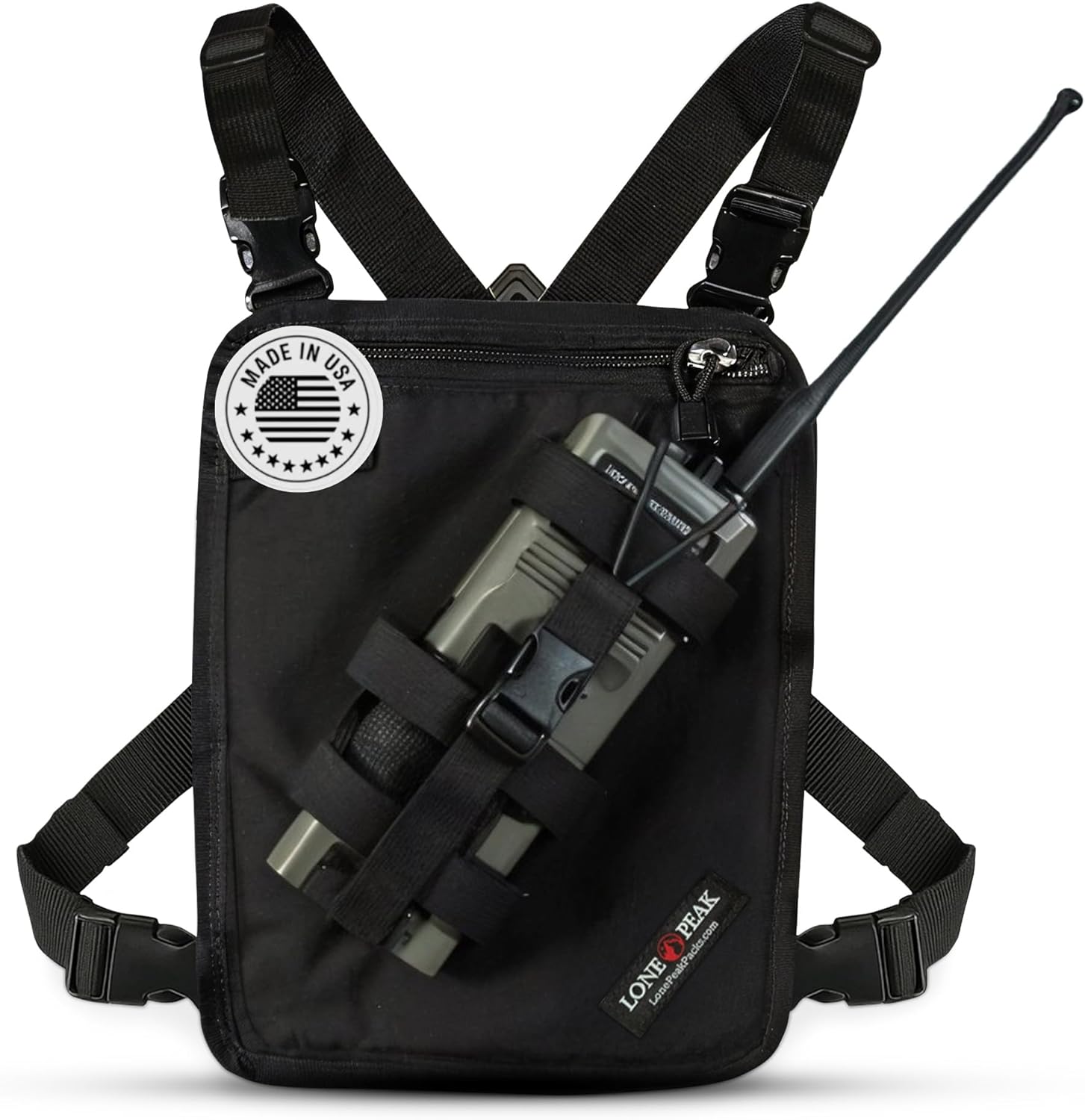Lone Peak Black Padded Radio Chest Harness w/ Smartphone Pocket (9.5” X 8”)- Secure Fit Search and Rescue Gear - Universal Outdoor Tactical Walkie Talkie Harness- Radio Chest Pack for EMS- Made in USA