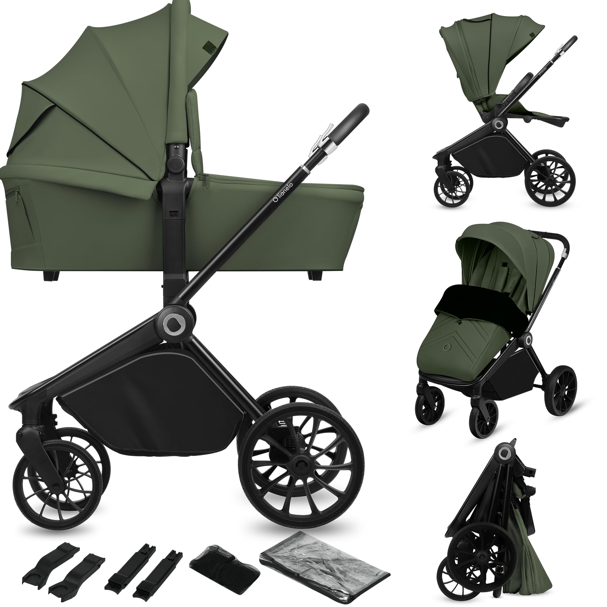LIONELO MIKA PLUS 2 en 1 Poussette 0 à 48 mois jusqu'à 22 kg Nacelle jusqu'à 9 kg, Réglage du Dossier et du Repose-pied, Coussin, Roues Pivotantes 360° en PU Auvent XXL (Green)