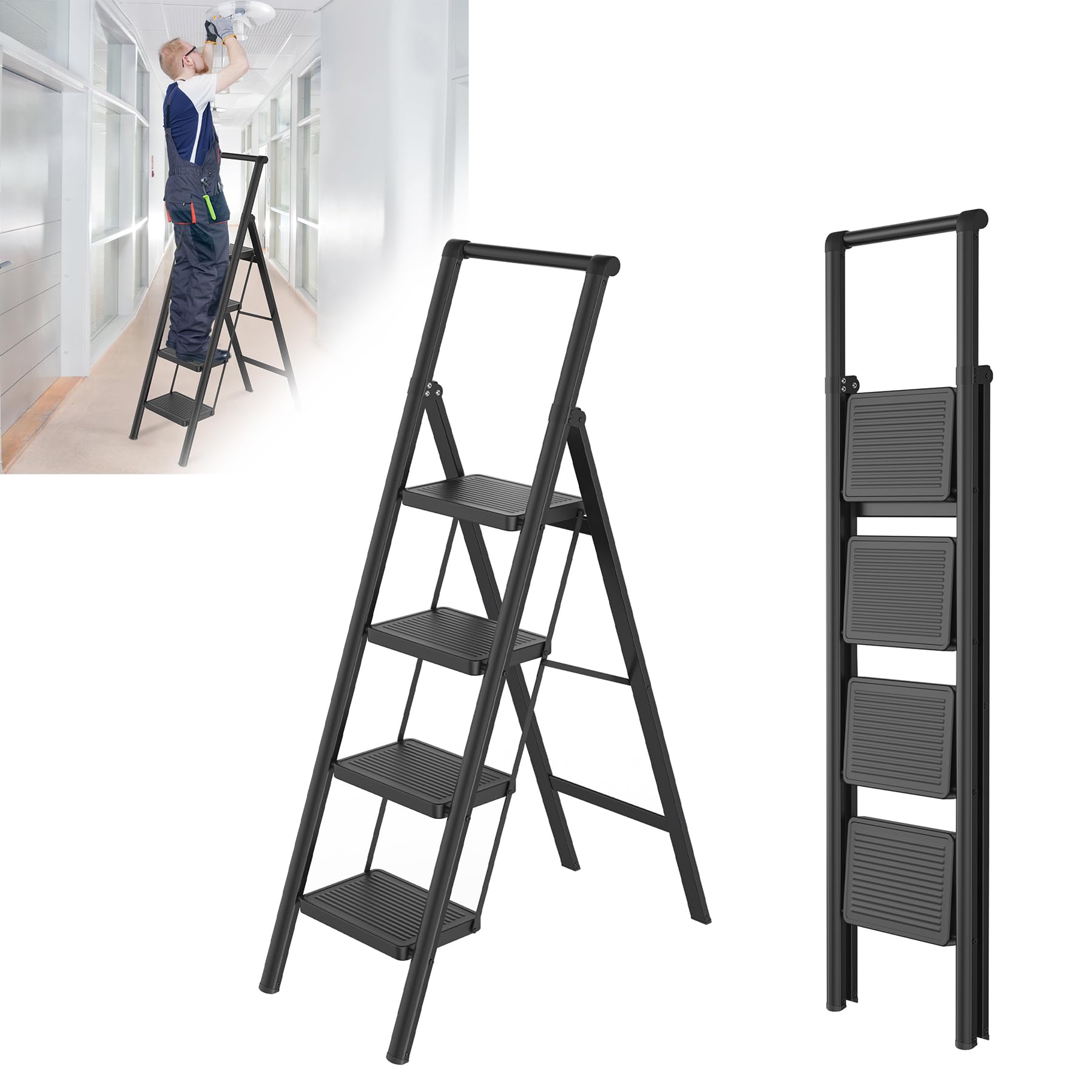 Froadp Trittleiter 4 Stufen Klappbar rutschfeste Stehleiter Eisen Klappleiter Multifunktionale Leiter mit Handlauf Tritthocker Haushaltsleiter für Haus Küche und Außenbereich Belastbar bis 270 kg