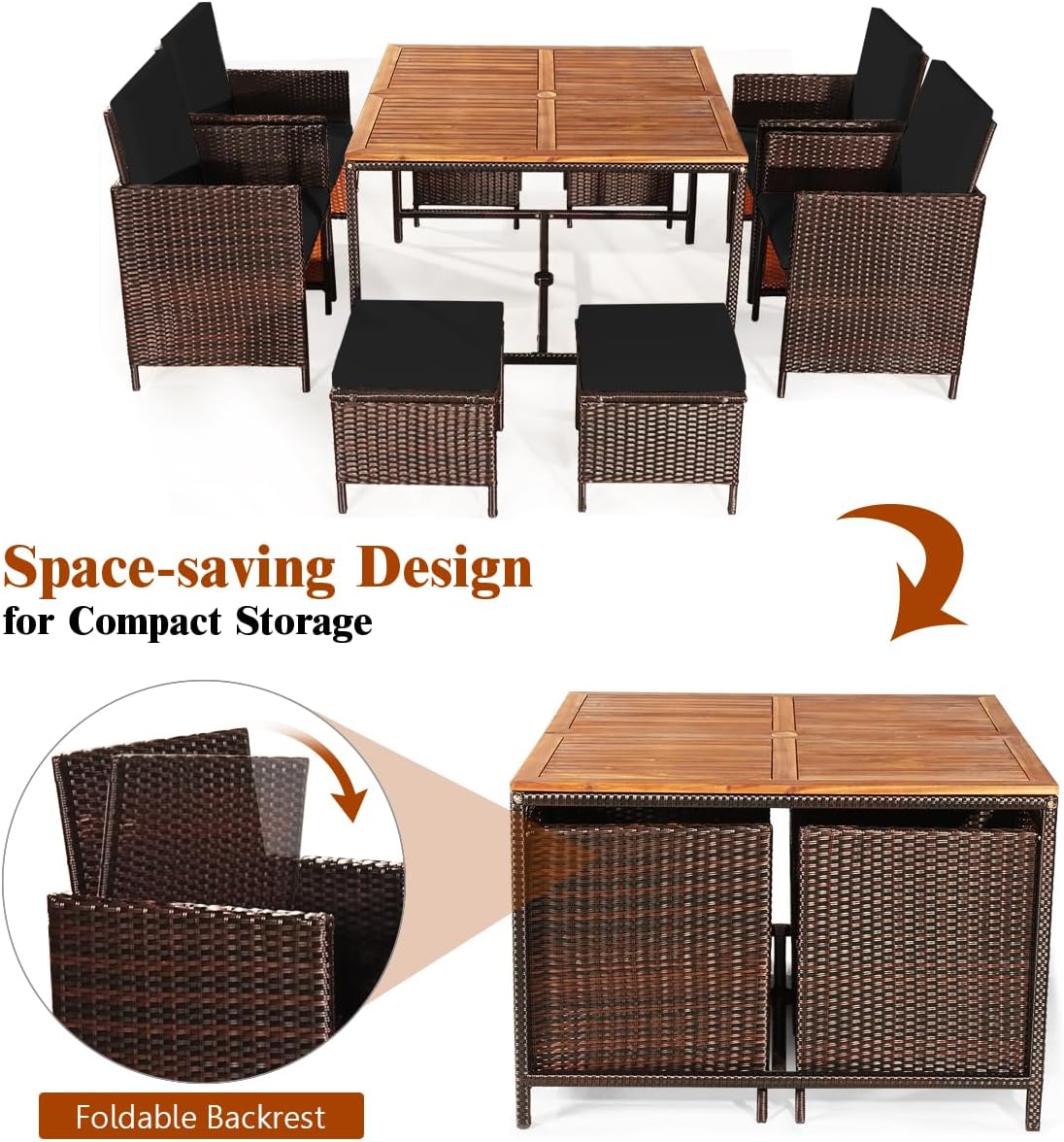 Diagram showing the space-saving design of the patio dining set with foldable chair backrests and nested chairs and ottomans