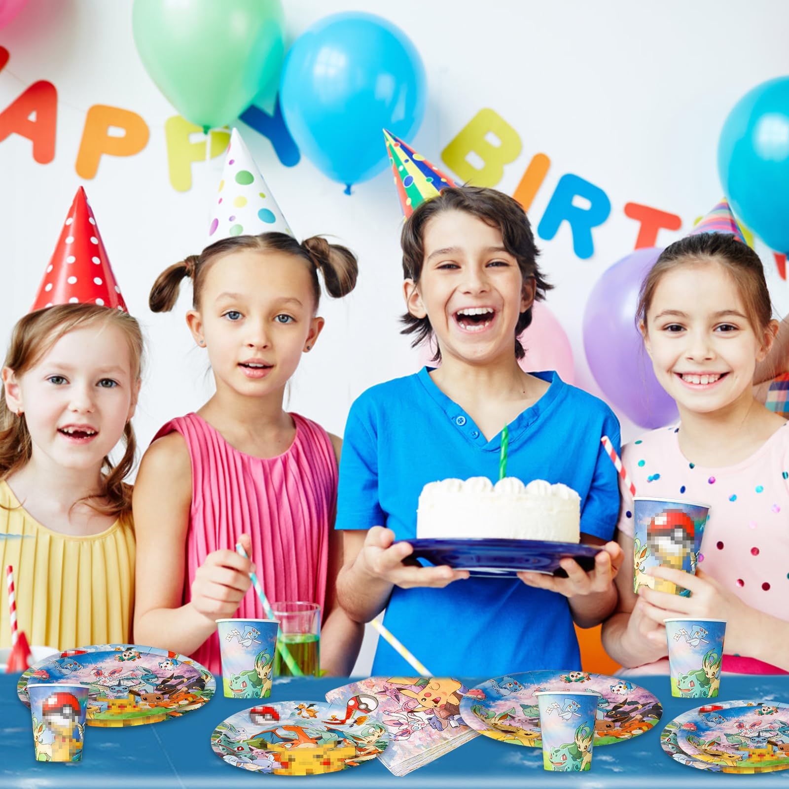 Pappgeschirr Set, 80 Stück Partygeschirr mit Pappteller Pappbecher Servietten für 20 Gäste, Bunte Papier Teller und Becher, Cartoon Anime Geschirrset für Kindergeburtstag Partydeko Tischdeko