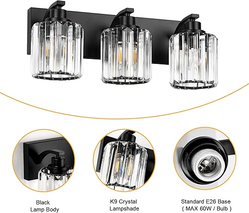 Miniatura 5 de 3 luces de cristal para tocador de baño, moderna lámpara de baño negra sobre espejo, luces de tocador para dormitorio, baño, pasillo, base E27