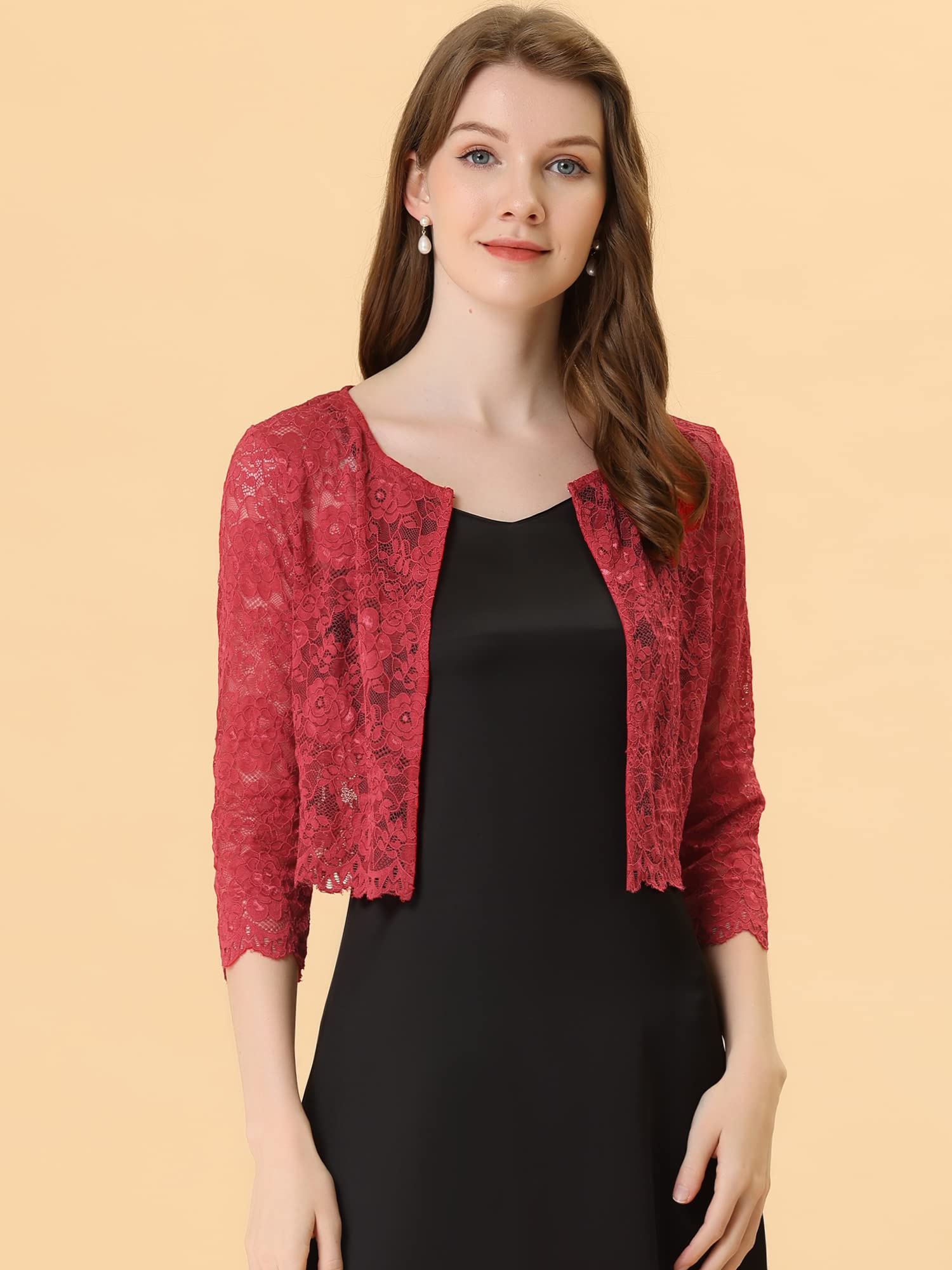 Allegra K Boléro court élégant en dentelle florale pour femme, Rouge, Taille XL