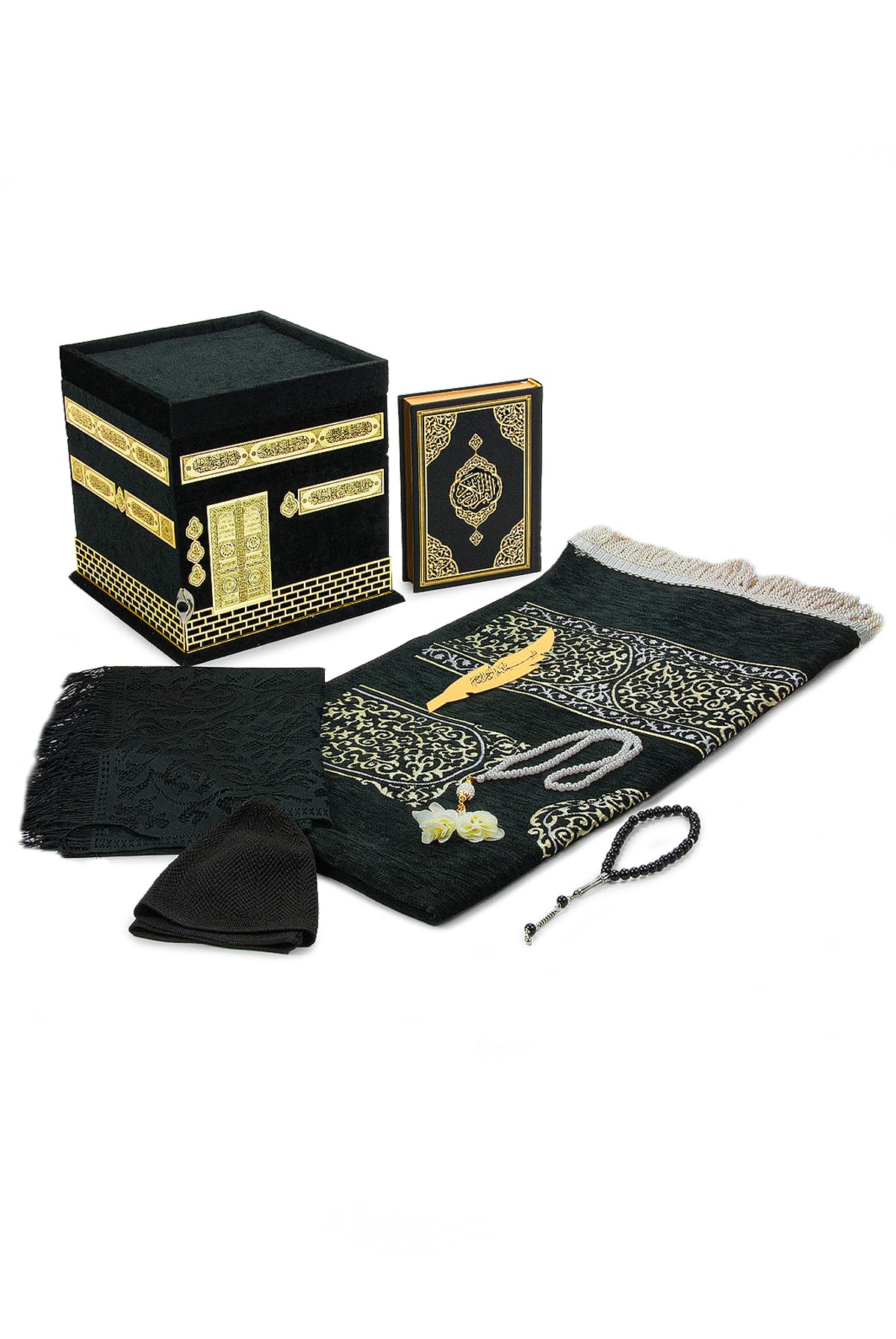 Ihvan Online Men's Black / Kaaba Luxury Islamic Prayer Gift Box, Quran, 99 & 33 Pearly Beads Tesbih, Muslim Prayer Rug, Muslim Kufi Hats, Hijab, Set For Ramadan & Eid Gifts