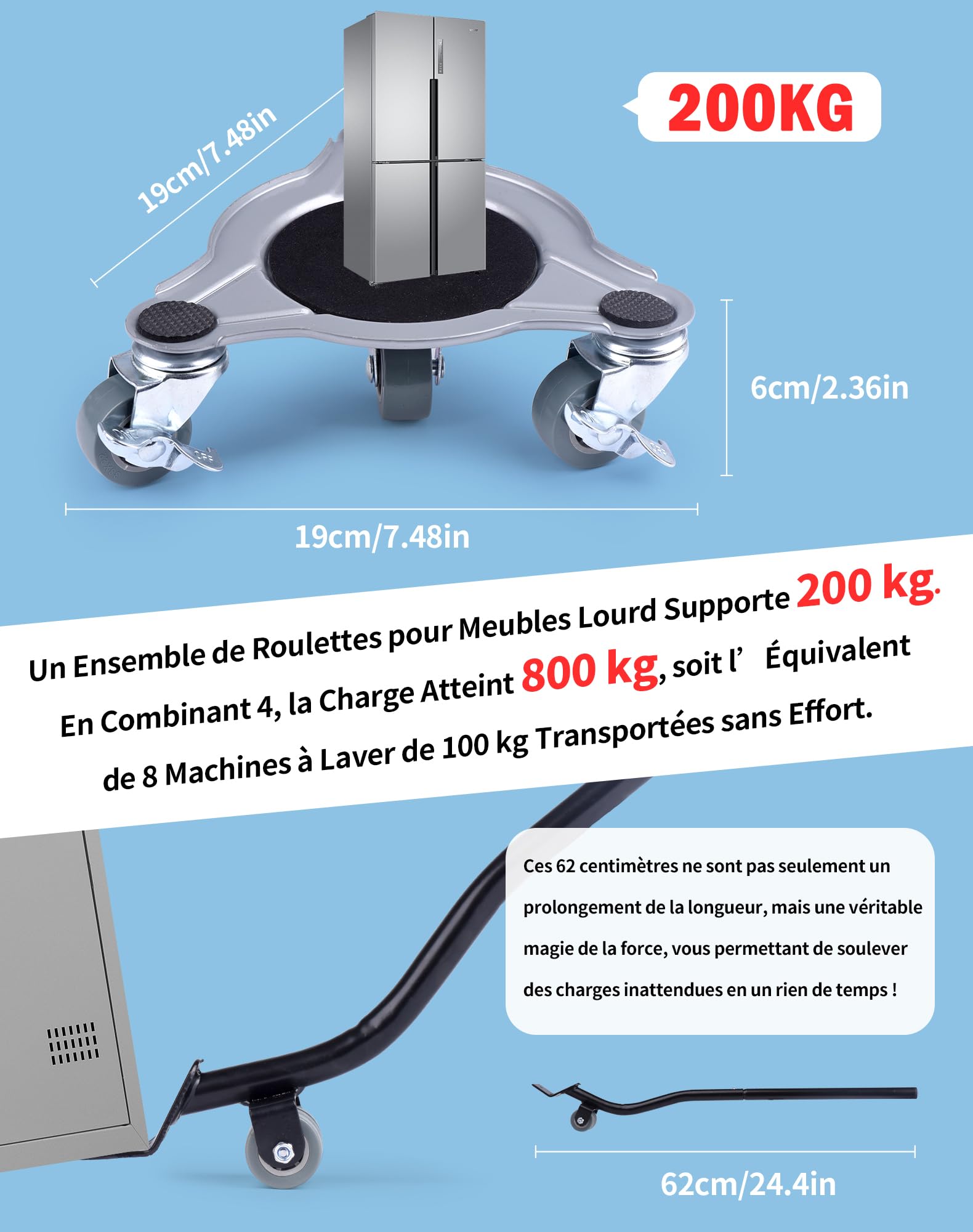 Sollevatore Mobili Pesanti Carico Fino a 800kg Set Sposta Mobili Pesanti Con Ruote Girevoli Robuste 360°, Freno Spostamento per Spostare Mobili, Frigoriferi e Lavatrici